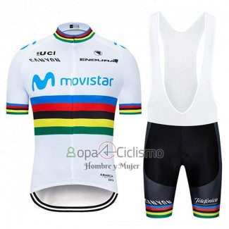 Uci Mondo Campione Movistar Ropa Ciclismo Culotte Corto 2019 Hombre Mangas Cortas Blanco Blu