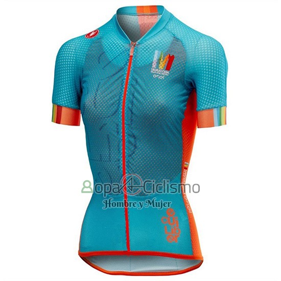 Castelli Maratona Dles Dolomites-Enel Ropa Ciclismo Culotte Corto 2018 Mujer Mangas Cortas Azul Naranja