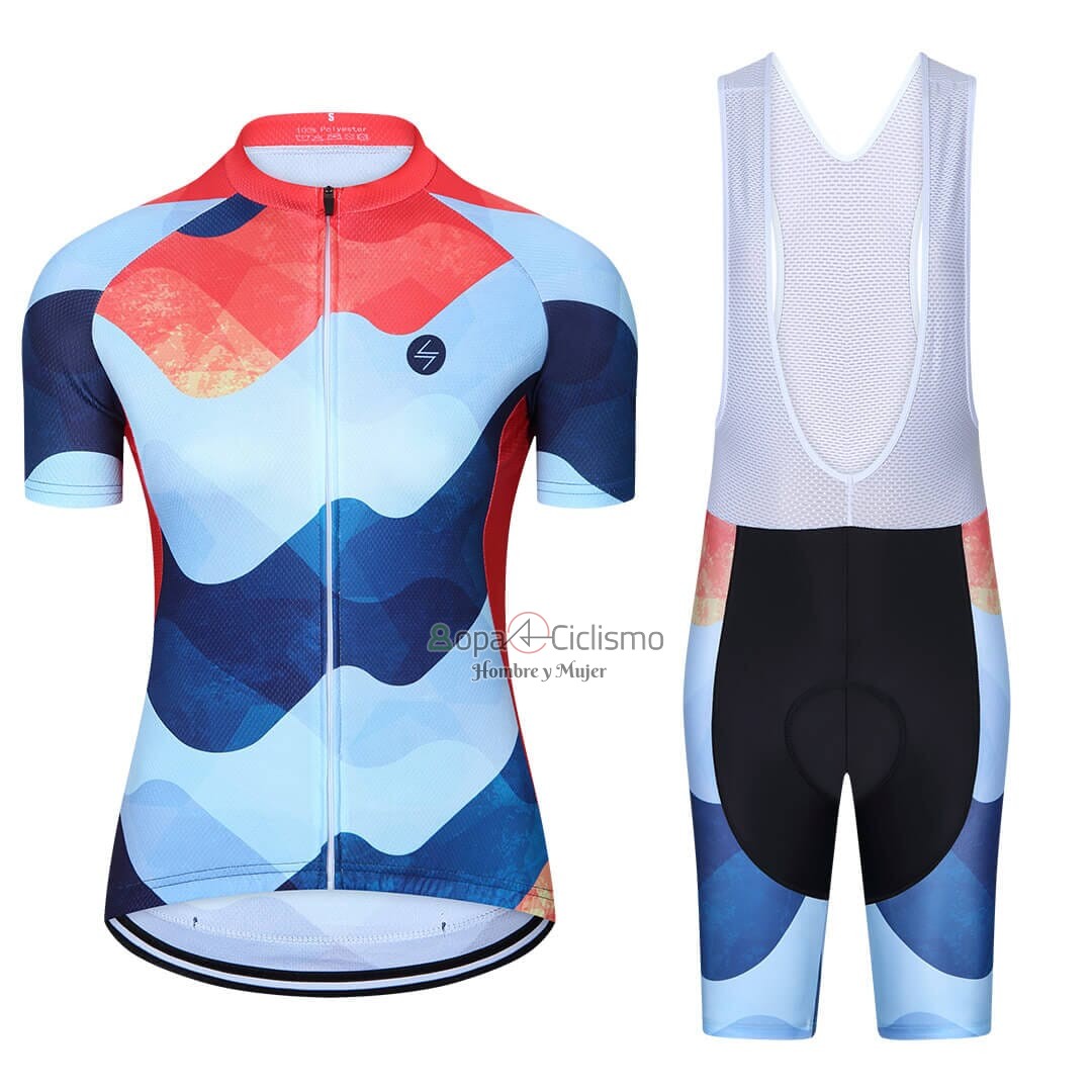 Steep Ropa Ciclismo Culotte Corto 2023 Mujer Mangas Cortas Rojo Azul
