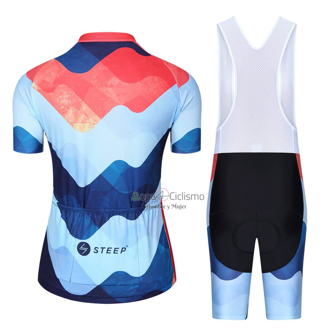 Steep Ropa Ciclismo Culotte Corto 2023 Mujer Mangas Cortas Rojo Azul